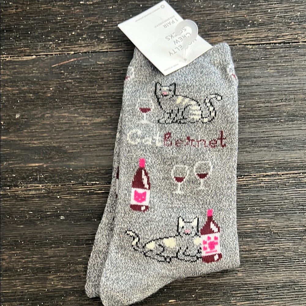 Gray Cat Socks with Wine Design
